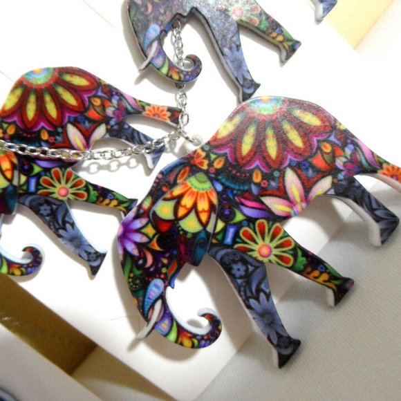 New Boho MOSAIC Elephant Owl Necklace Earrings Set Floral Modern Jewelry Chic! - Picture 8 of 9